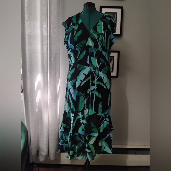 Tommy Hilfiger Tropical Leaf Print High-Low Dress, Sz 16 - Picture 4 of 14
